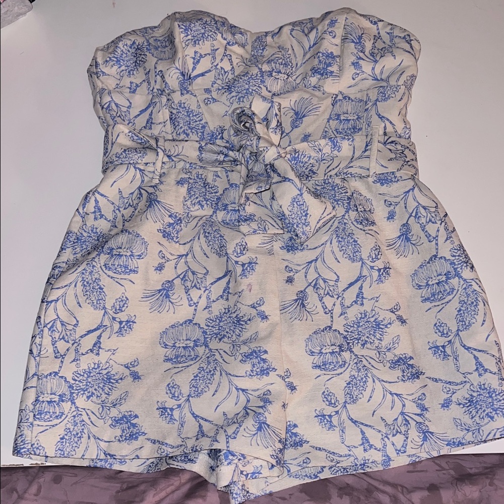 Fashion Nova Blue and Cream Floral Jumpsuit